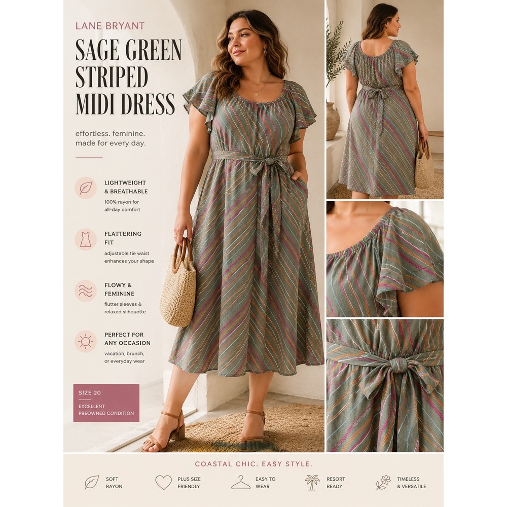 Lane Bryant Sage Green Rayon Midi Dress Boho Coastal Plus 20